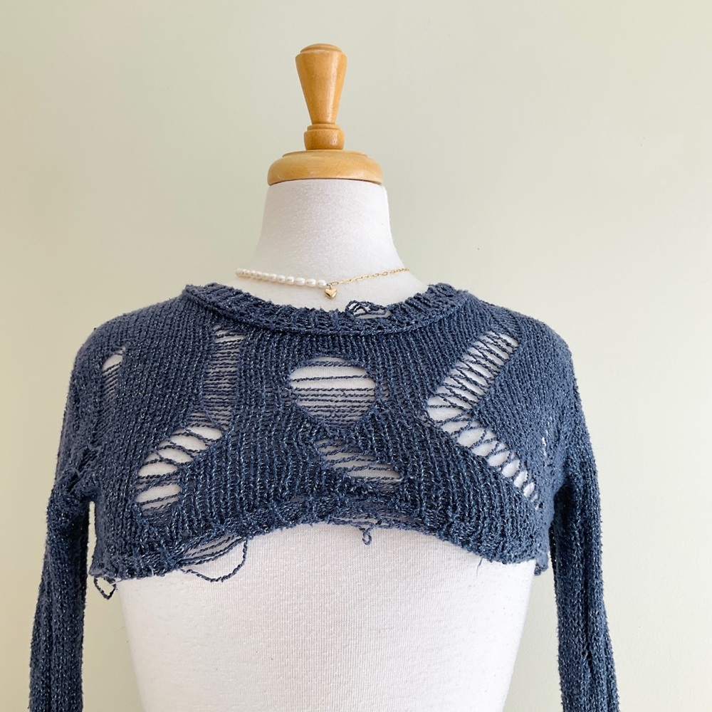 Zara Navy Distressed Cropped Crewneck Sweater